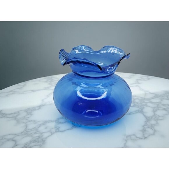Vintage Cobalt Blue Ruffle Edge Top Globe Style Vase - Picture 2 of 13